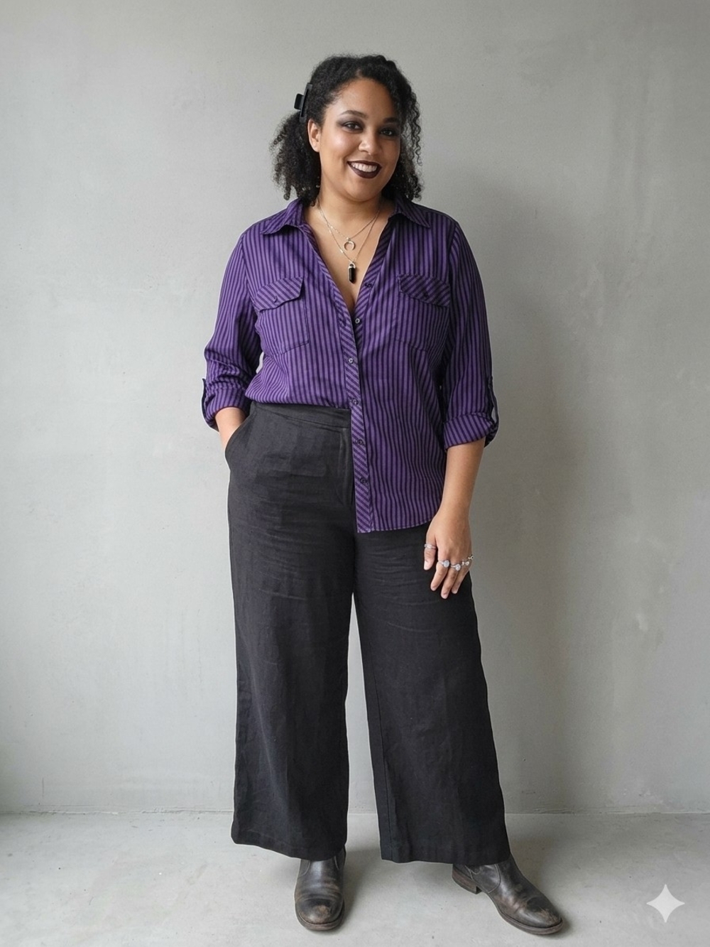 Notations Woman Purple & Black Striped Button Down Blouse 2X